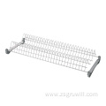 Aluminum dish drain storage rack above kitchen sink